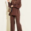 Gold Button Detail Waist Tunic Two-Piece Set Brown
