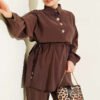 Gold Button Detail Waist Tunic Two-Piece Set Brown - Afbeelding 2
