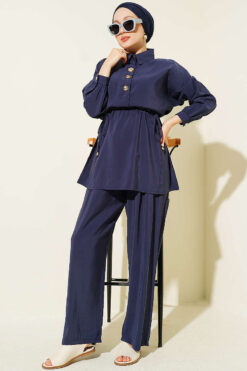 Alternative view of Gold Button Detail Waist Tunic Two-Piece Set Navy Blue