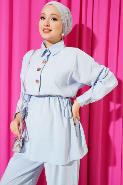 Alternative view of Gold Button Detail Waist Tunic Two-Piece Set Blue