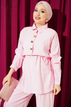 Alternative view of Gold Button Detail Waist Tunic Two-Piece Set Pink