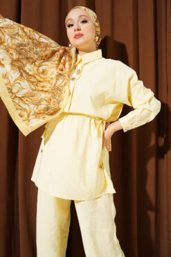 Alternative view of Gold Button Detail Waist Tunic Two-Piece Set Yellow