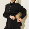 ⁦Gold Button Detail Waist Tunic Two-Piece Set Black⁩ - الصورة ⁦2⁩