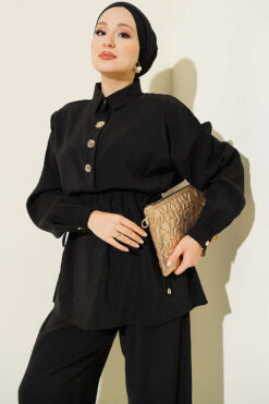 Alternative view of Gold Button Detail Waist Tunic Two-Piece Set Black
