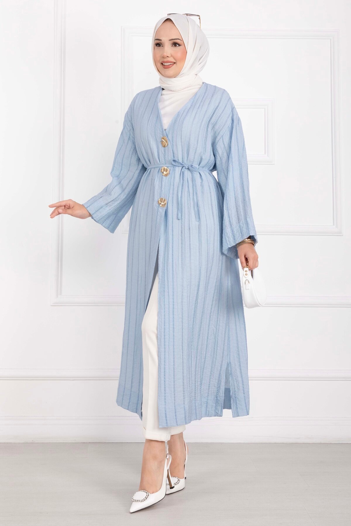 Long Kimono with Button and Tie Baby Blue - Afbeelding 3