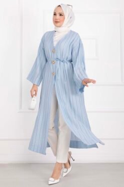 Long Kimono with Button and Tie Baby Blue