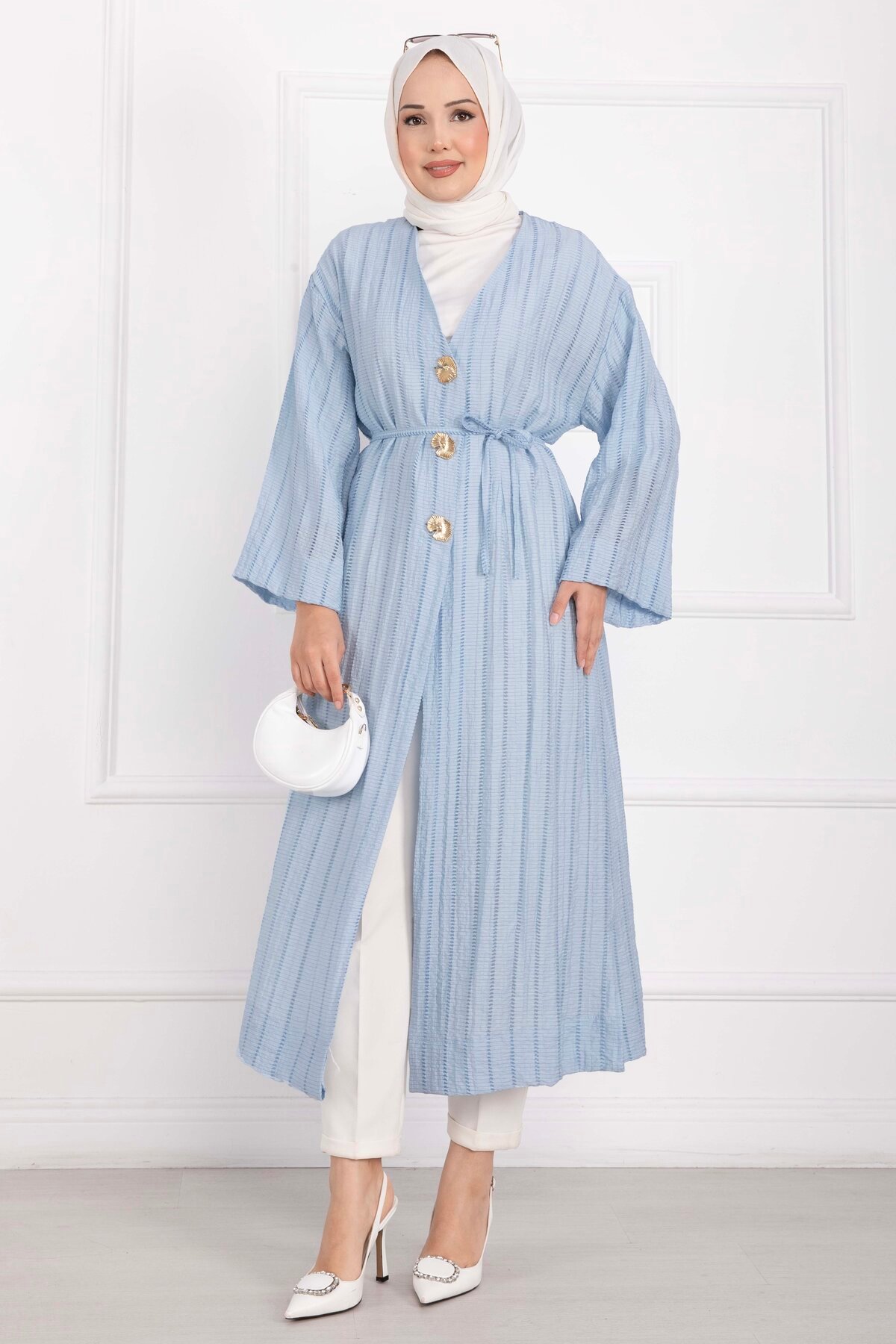 Long Kimono with Button and Tie Baby Blue - Afbeelding 4