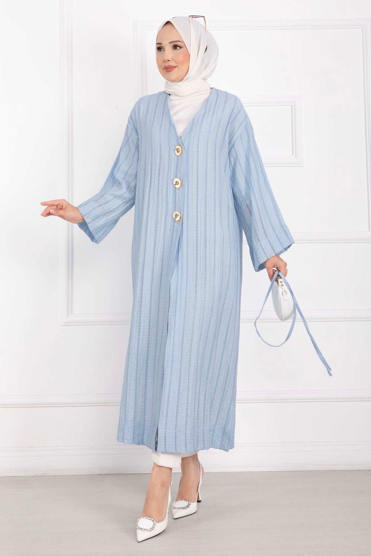 Long Kimono with Button and Tie Baby Blue - Afbeelding 5