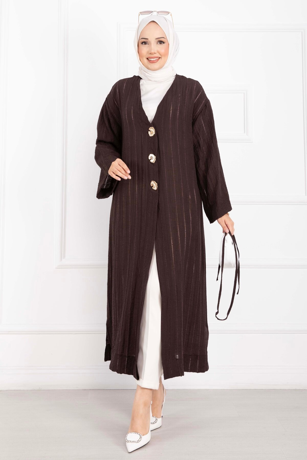 Long Kimono with Button and Tie Brown - Imagen 3