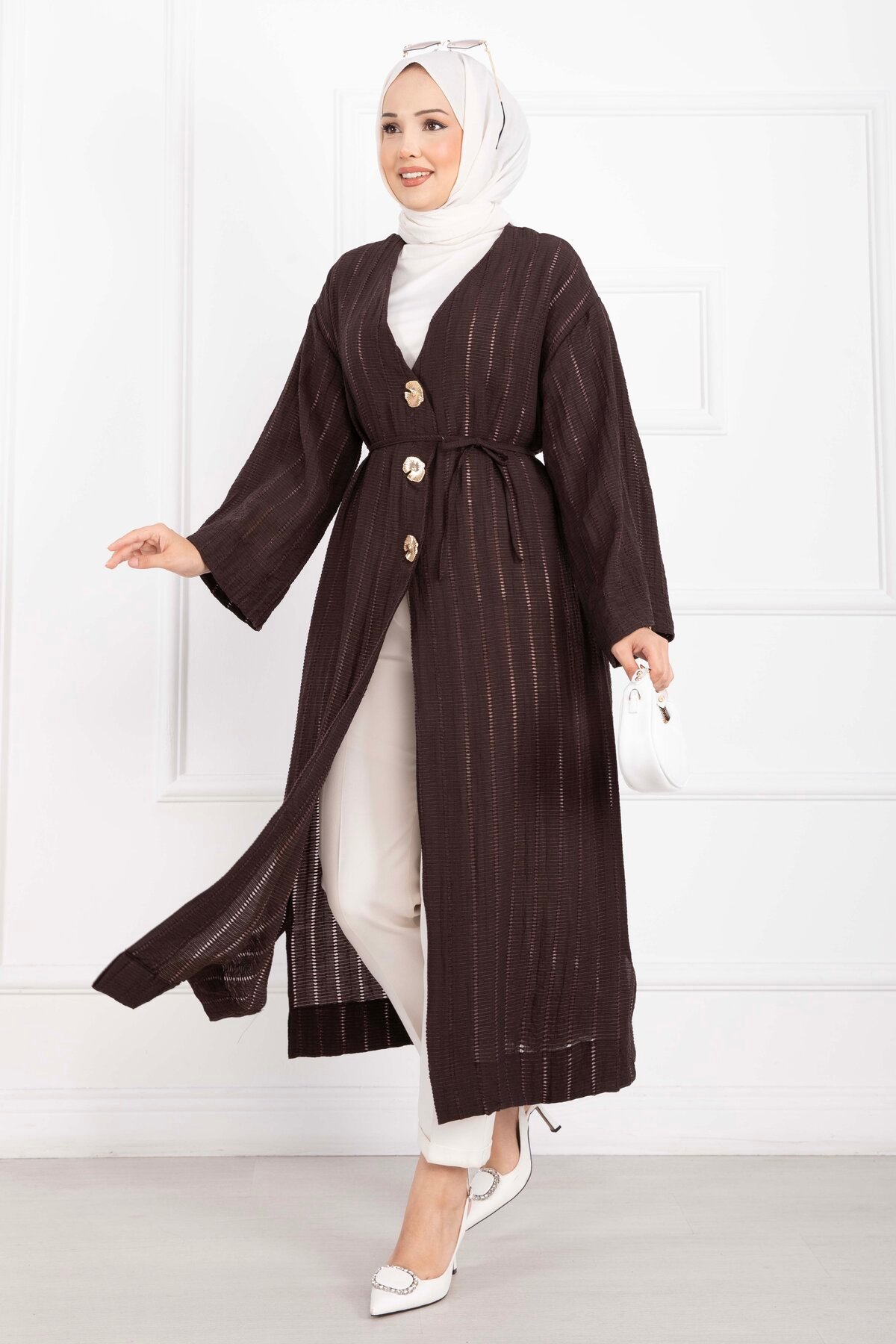 Long Kimono with Button and Tie Brown - Imagen 4
