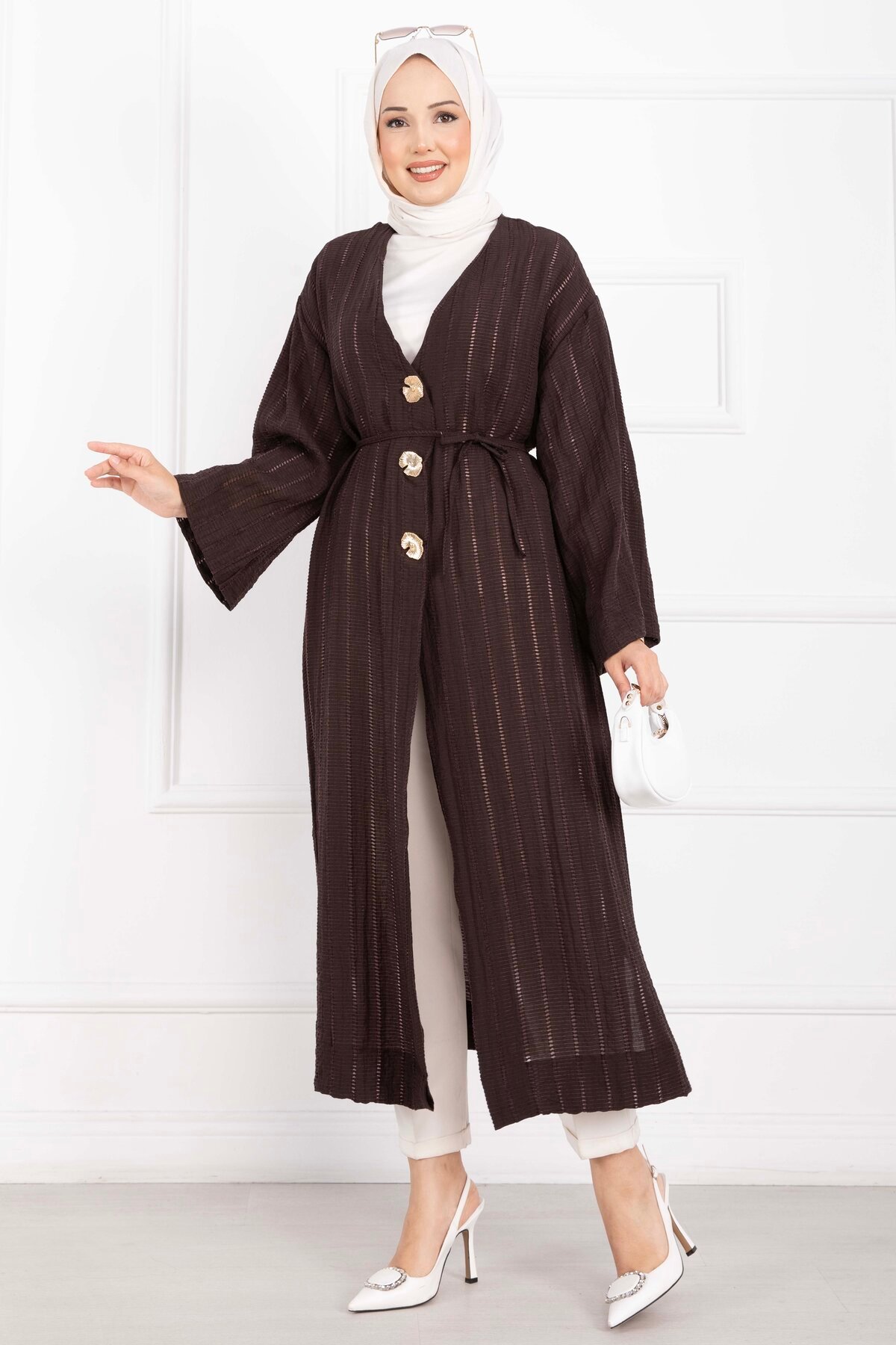 Long Kimono with Button and Tie Brown