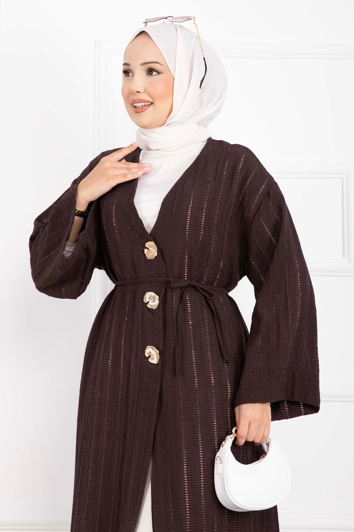 Long Kimono with Button and Tie Brown - Imagen 2