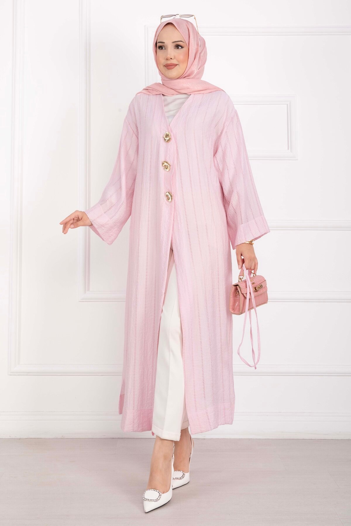 Long Kimono with Button and Tie Pink – Bild 3