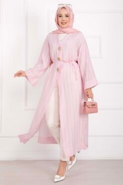 Long Kimono with Button and Tie Pink
