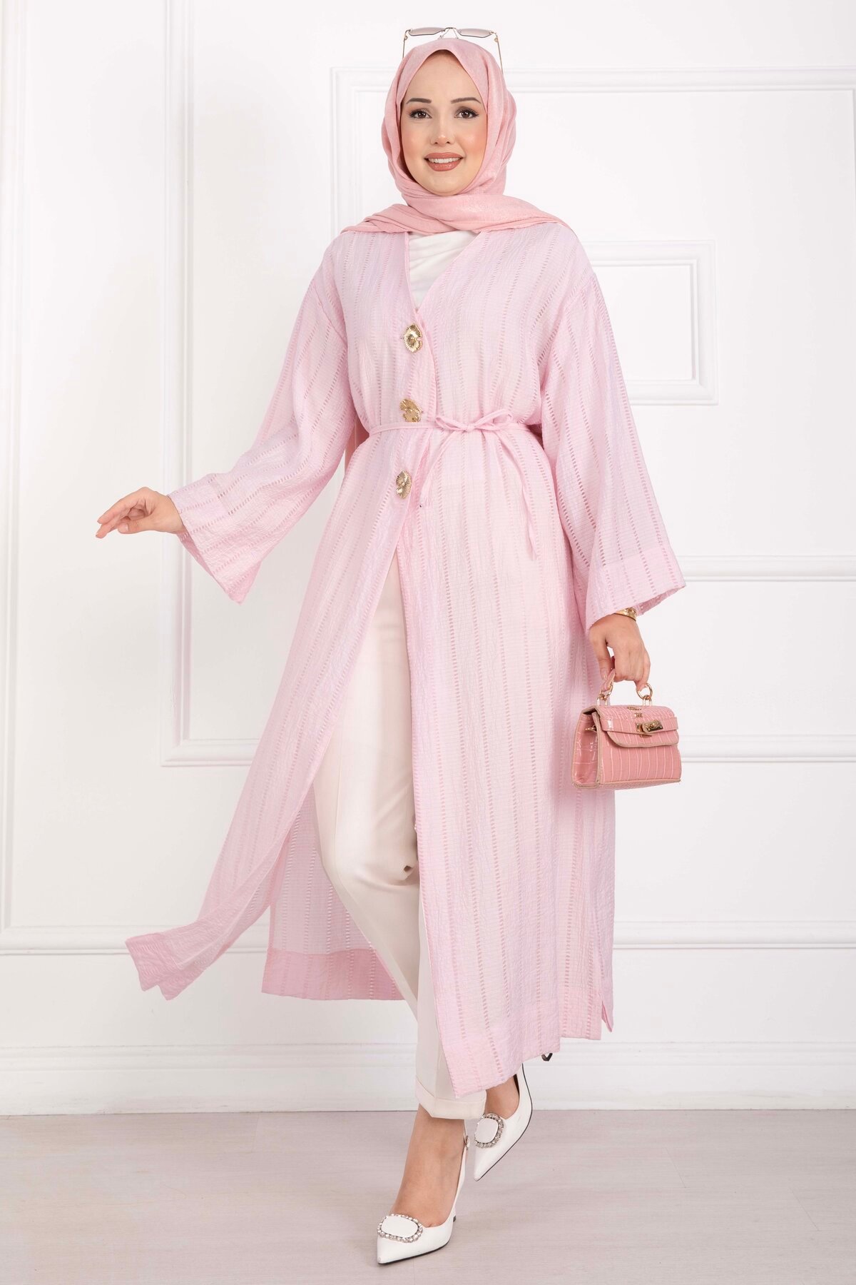 Long Kimono with Button and Tie Pink