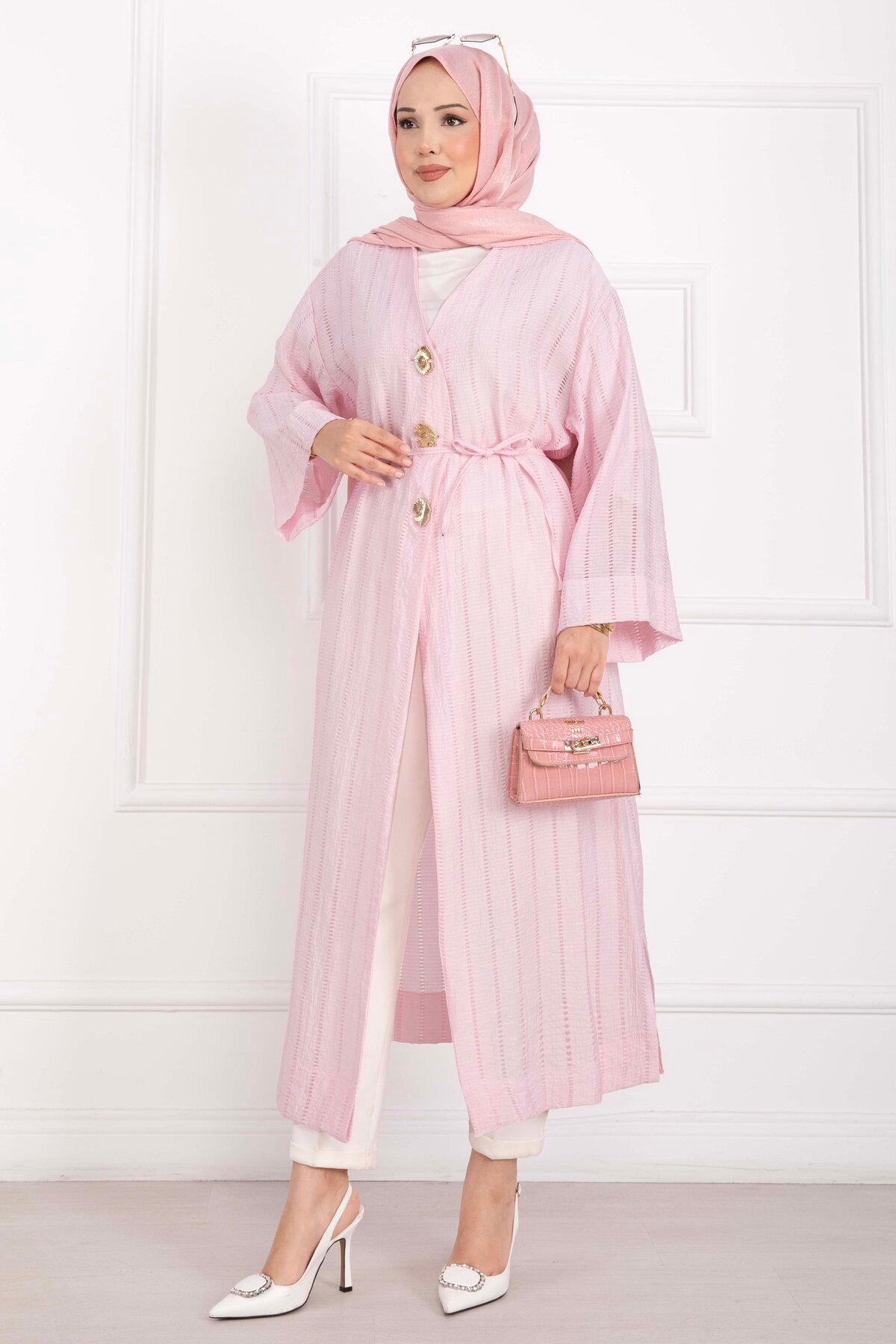 Long Kimono with Button and Tie Pink – Bild 4