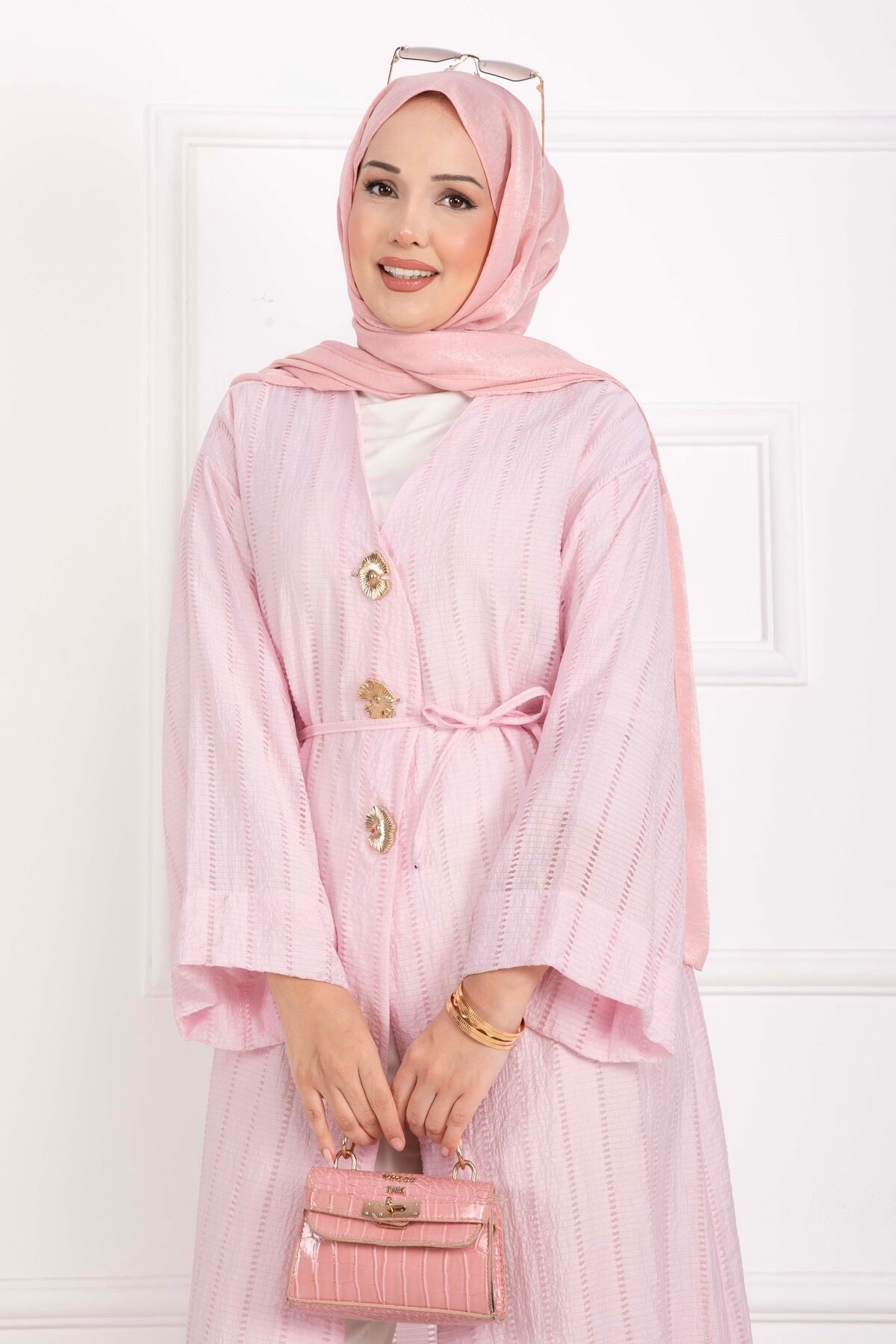 Long Kimono with Button and Tie Pink – Bild 2