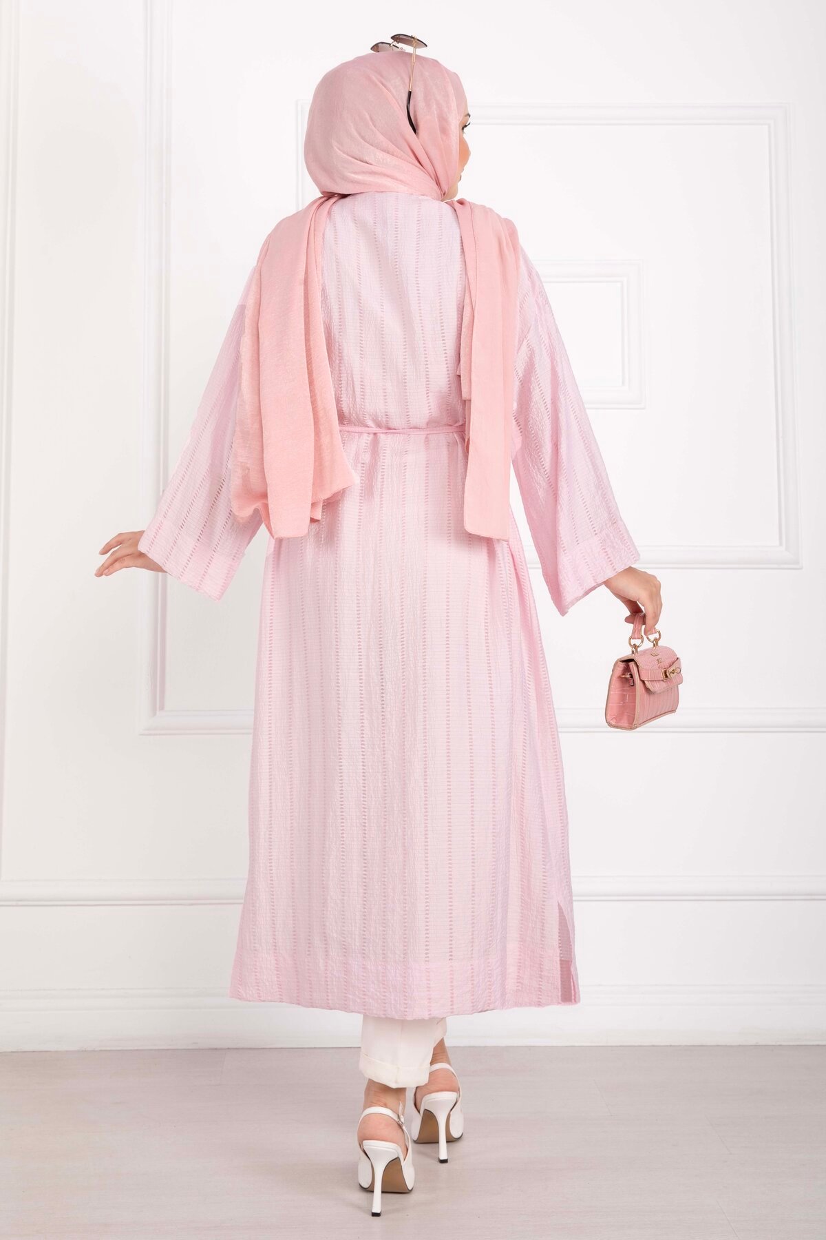 Long Kimono with Button and Tie Pink – Bild 5