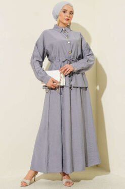 Gold Buttoned Waist Tunic Skirt Set Grey