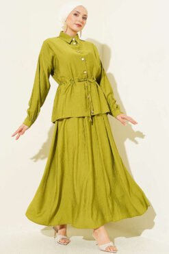 Gold Buttoned Waist Tunic Skirt Set Gold