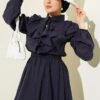 Gold Button Front Ruffled Skirt Set Navy Blue wholesale clothing set view 2 - Hicabistan Turkey factory