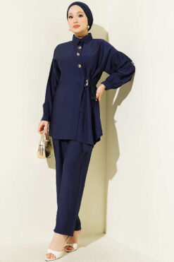 Gold Button Side Tie Two-Piece Set Navy Blue