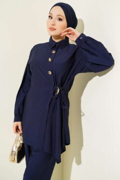 منظر بديل لـ Gold Button Side Tie Two-Piece Set Navy Blue