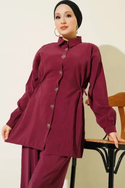 Alternative view of Floral Button Side Tunic Set Burgundy