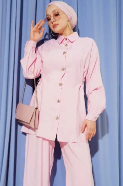 Alternative view of Floral Button Side Tunic Set Pink