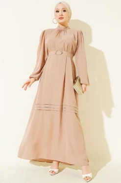 Belted Evening Dress with Gold Buckle Beige
