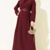 Belted Evening Dress with Gold Buckle Burgundy
