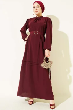 Belted Evening Dress with Gold Buckle Burgundy