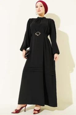 Belted Evening Dress with Gold Buckle Black