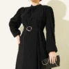 Belted Evening Dress with Gold Buckle Black – Image 2