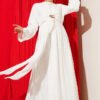 Dress with Front Tie and Gold Buckle Ecru