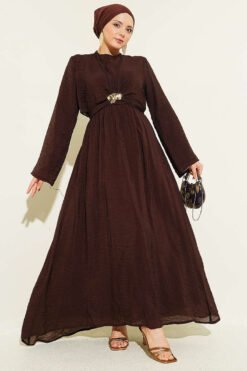 Dress with Front Tie and Gold Buckle Brown