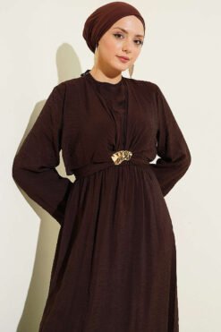 Vista alternativa di Dress with Front Tie and Gold Buckle Brown