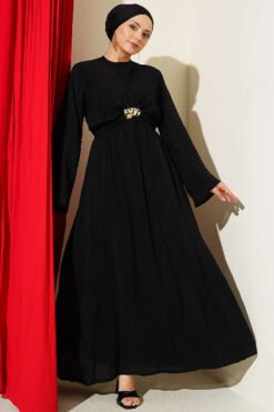 Dress with Front Tie and Gold Buckle Black