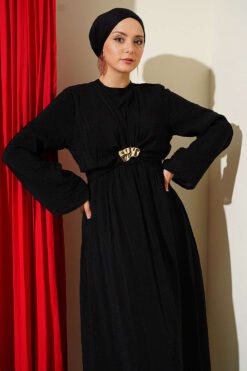 Vista alternativa di Dress with Front Tie and Gold Buckle Black