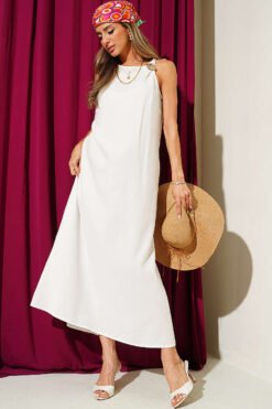 Gold Buckled Tensel Midi Dress Ecru