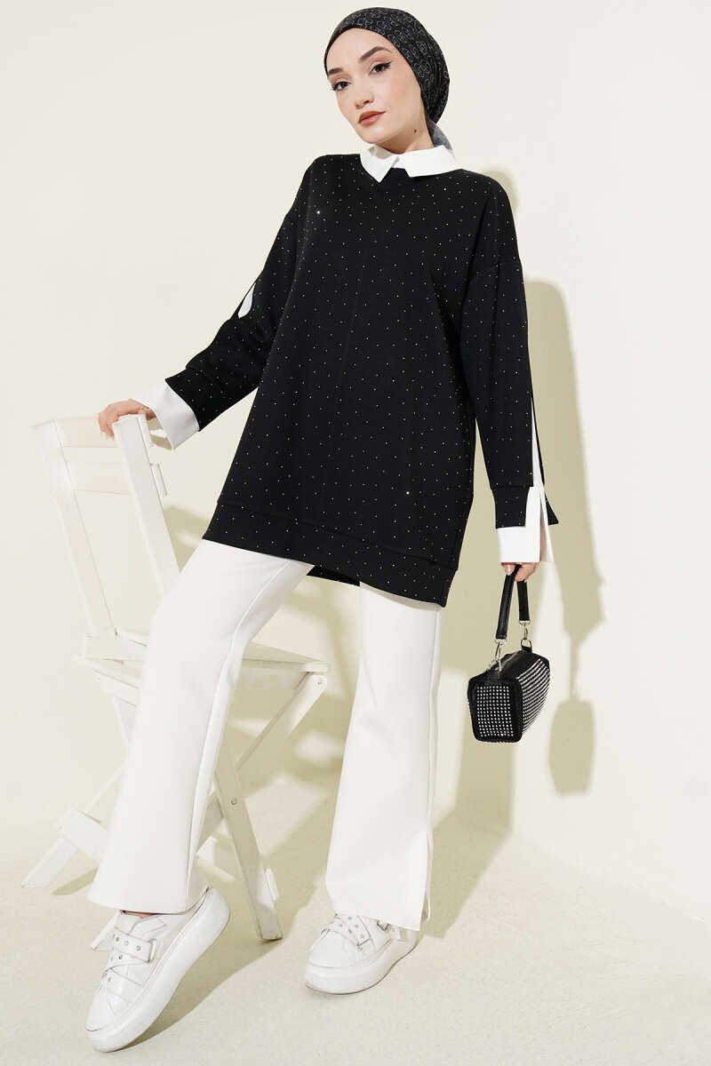 Shirt Panel Stone Embellished Tunic Dark Navy - الصورة 2