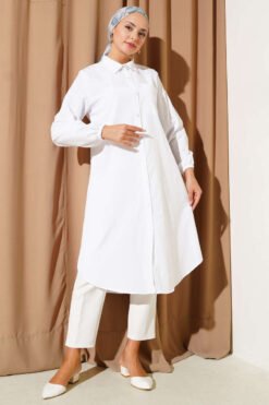 Vista alternativa de Shirt Collar Single Pocket Long Shirt White