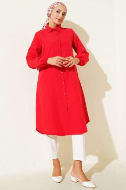 Vista alternativa de Shirt Collar Single Pocket Long Shirt Red