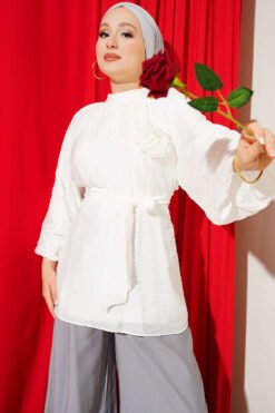 Rose Brooch Self-Belted Tunic White