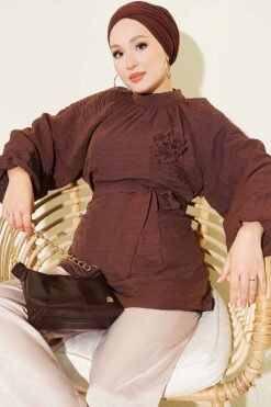 Rose Brooch Self-Belted Tunic Brown