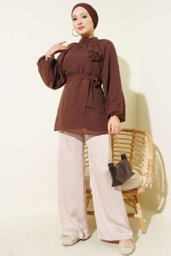 Alternatieve weergave van Rose Brooch Self-Belted Tunic Brown