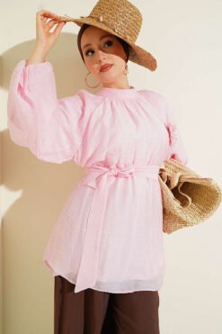 Rose Brooch Self-Belted Tunic Pink