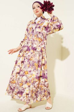 Rose Printed Half Button Dress Plum