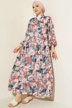 Rose Printed Half Button Dress Petrol