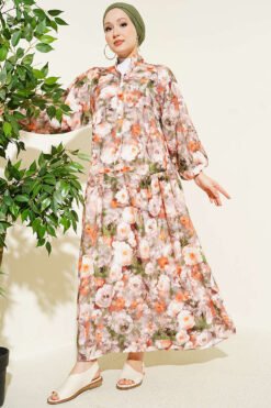 Rose Printed Half Button Dress Mink